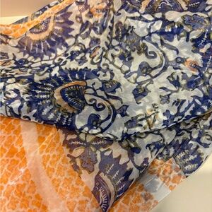 Tory Burch Pure Silk Scarf in Blue, Purple and Orange Abstract Floral Print. NWT